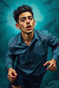 A classic oil painting depicting a 25-year-old Latino man running scared in a rich, deep teal alien world, showcasing visible brushstrokes and luxurious, vibrant textures