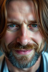 A distinct split extreme macro close-up of a 40-year-old fair-skinned veterinarian. Long brown hair, short beard, warm smile. Small subject detail, divided sections, bold areas of focus