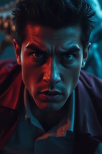 A sophisticated and elegant close-up shot focuses on a 25-year-old Latino man's determined face as he runs in fear through an alien world, rendered in rich burgundy and deep blue hues