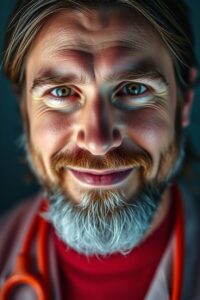 An extreme macro close-up of a 40-year-old fair-skinned veterinarian using creative light art. Long brown hair, short beard, warm smile. Small subject detail, artistic lighting, abstract patterns
