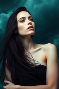 Dramatic image of Sofia, her pale skin and long black hair contrasting against a rich deep teal sky. Intense stormy weather, high tension, luxurious and vibrant color palette