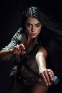 Intense dramatic lighting, dynamic motion. Sofia, a slender 5'6 woman with long straight black hair and pale skin, wears an explorer outfit. Blurred lines, action poses, high contrast create tension