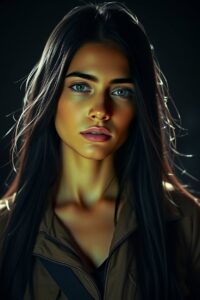 Intense dramatic lighting portrait of Sofia, a slender 5'6 woman with long black hair and pale skin in an explorer outfit. Adorable and cute features, high contrast, creating tension