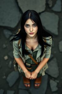 Overhead bird’s eye view, top-down perspective. Sofia, a slender 5'6 woman with long straight black hair, pale skin, and an explorer outfit