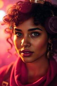 Soft dreamy atmosphere, bright vibrant colors, hazy soft light, lively and energetic. A 30-year-old woman with warm brown skin, expressive hazel eyes, and dark curly steampunk-styled hair